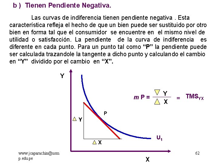 b ) Tienen Pendiente Negativa. Las curvas de indiferencia tienen pendiente negativa. Esta característica