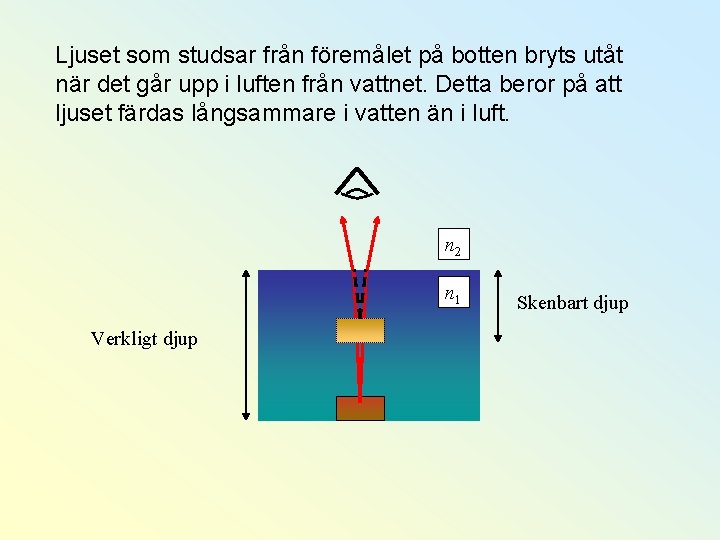 Ljuset som studsar från föremålet på botten bryts utåt när det går upp i