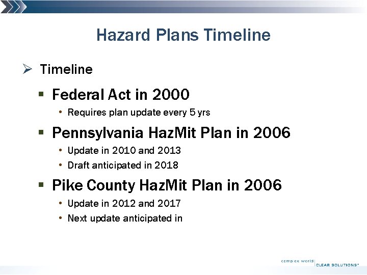 Hazard Plans Timeline Ø Timeline § Federal Act in 2000 • Requires plan update