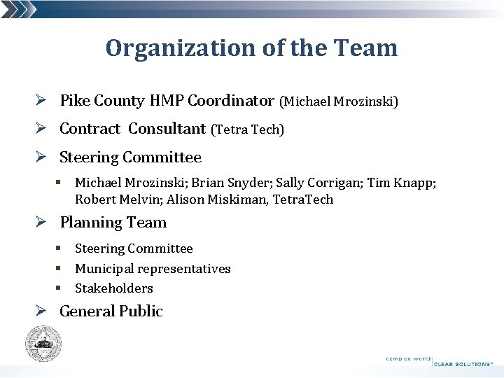 Organization of the Team Ø Pike County HMP Coordinator (Michael Mrozinski) Ø Contract Consultant