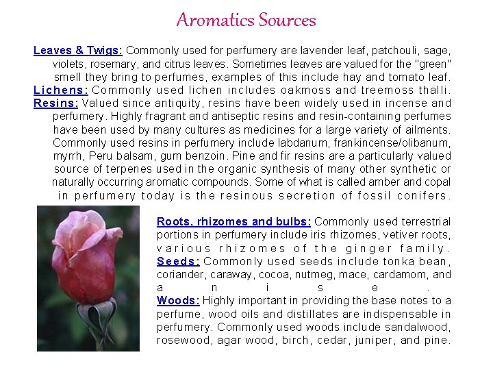 Aromatics Sources Leaves & Twigs: Commonly used for perfumery are lavender leaf, patchouli, sage,