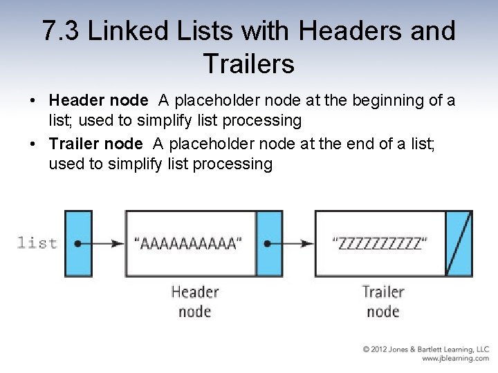 7. 3 Linked Lists with Headers and Trailers • Header node A placeholder node