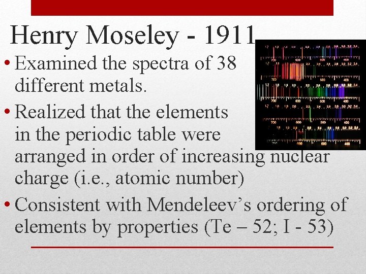 Henry Moseley - 1911 • Examined the spectra of 38 different metals. • Realized