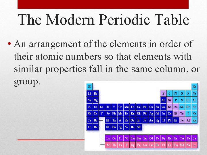 The Modern Periodic Table • An arrangement of the elements in order of their