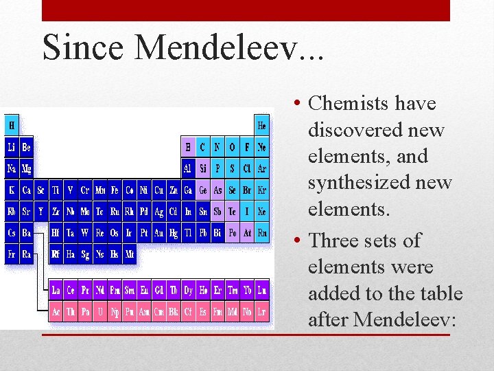 Since Mendeleev. . . • Chemists have discovered new elements, and synthesized new elements.