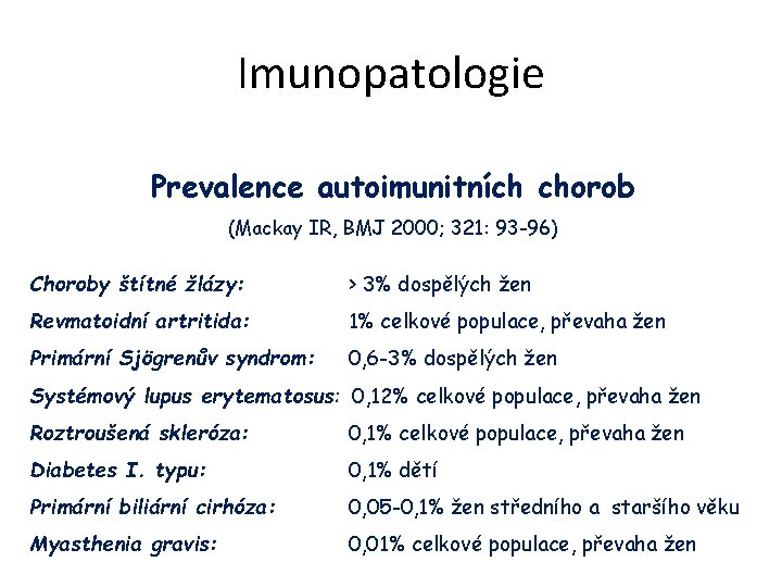 Imunopatologie Prevalence autoimunitních chorob (Mackay IR, BMJ 2000; 321: 93 -96) Choroby štítné žlázy: