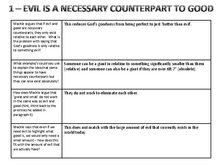 1 – EVIL IS A NECESSARY COUNTERPART TO GOOD Mackie argues that if evil