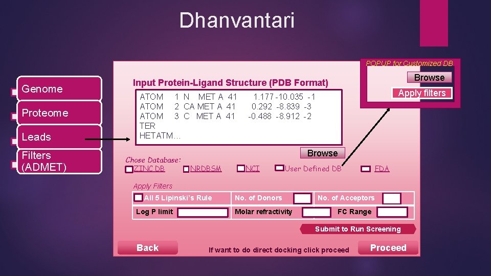 Dhanvantari POPUP for Customized DB Genome Proteome Leads Filters (ADMET) Browse Input Protein-Ligand Structure