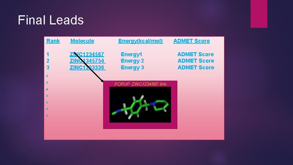 Final Leads Rank Molecule 1 2 3. . . . ZINC 1234567 ZINC 1345754