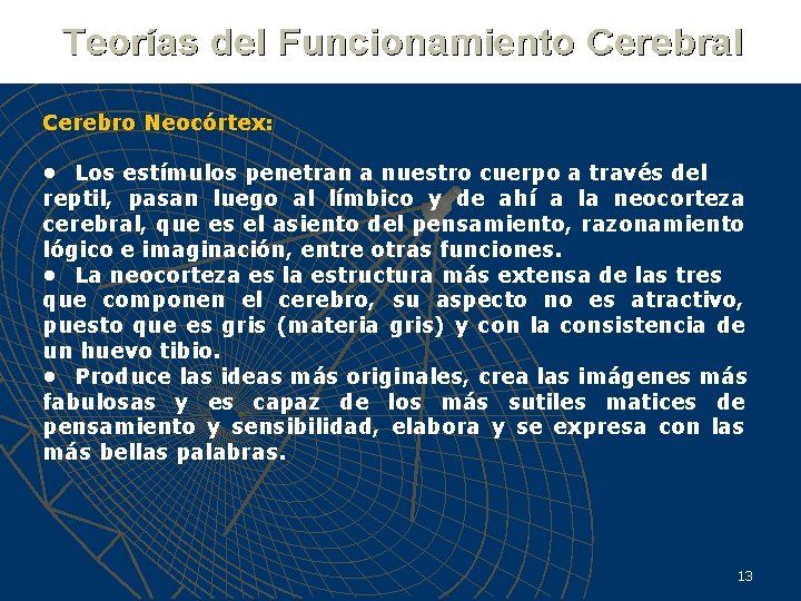 Cerebro Neocórtex: • Los estímulos penetran a nuestro cuerpo a través del reptil, pasan