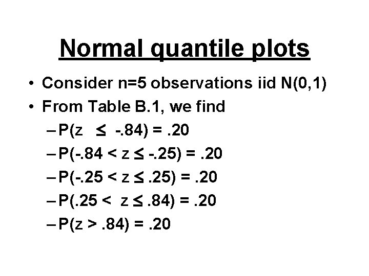 Normal quantile plots • Consider n=5 observations iid N(0, 1) • From Table B.
