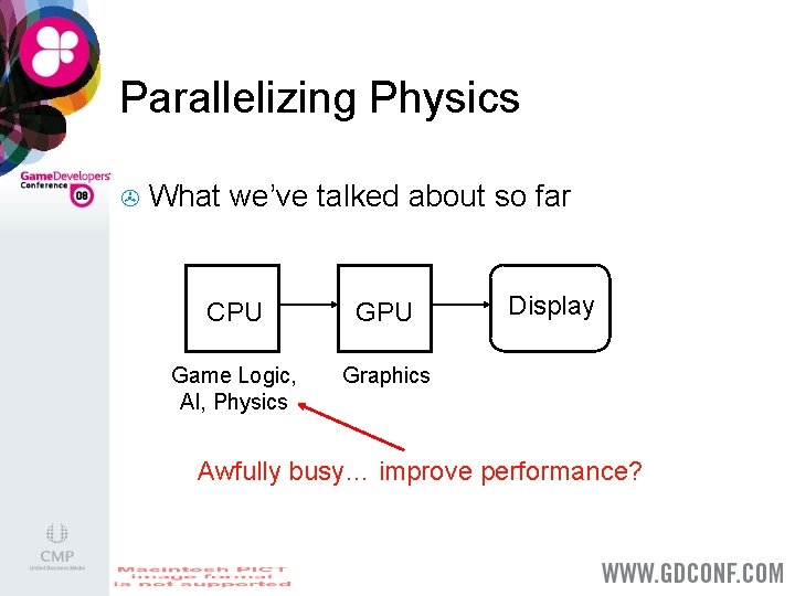 Parallelizing Physics > What we’ve talked about so far CPU Game Logic, AI, Physics