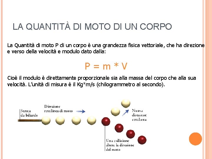 LA QUANTITÀ DI MOTO DI UN CORPO La Quantità di moto P di un