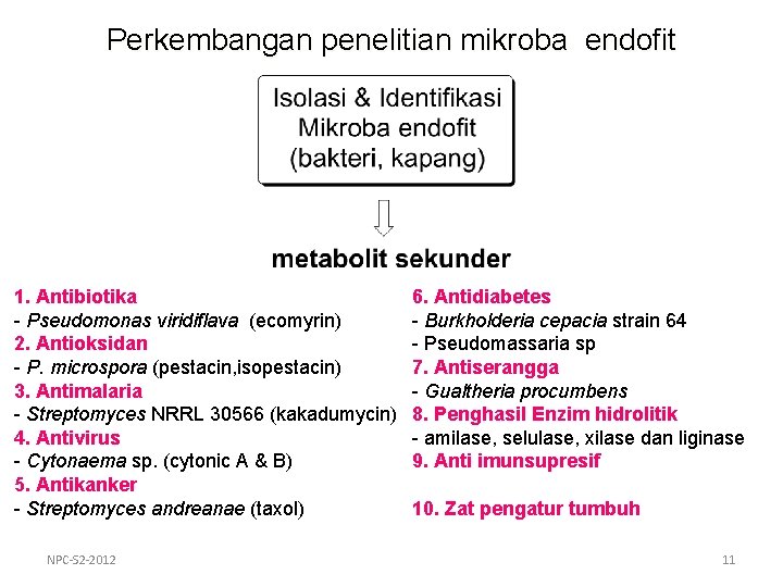 Perkembangan penelitian mikroba endofit 1. Antibiotika - Pseudomonas viridiflava (ecomyrin) 2. Antioksidan - P.