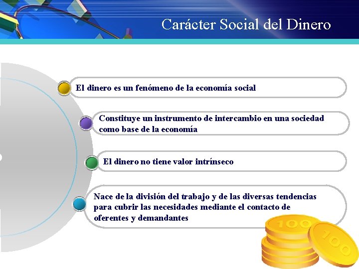 Carácter Social del Dinero El dinero es un fenómeno de la economía social Constituye