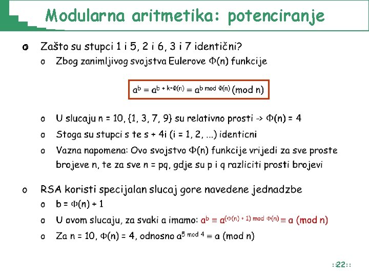Modularna aritmetika: potenciranje o : : 22: : Modularna aritmetika: potenciranje o : : 22: :