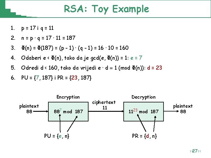 RSA: Toy Example 1. p = 17 i q = 11 2. n = RSA: Toy Example 1. p = 17 i q = 11 2. n =