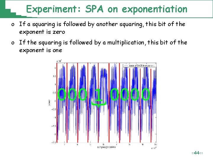 Experiment: SPA on exponentiation o If a squaring is followed by another squaring, this Experiment: SPA on exponentiation o If a squaring is followed by another squaring, this