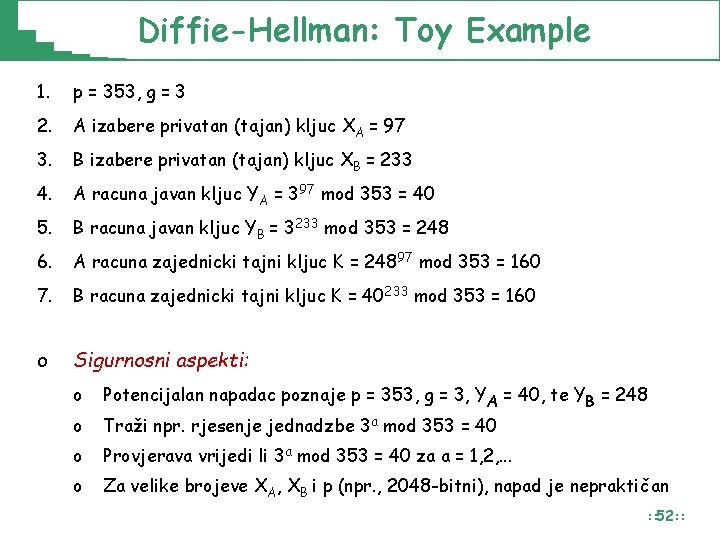 Diffie-Hellman: Toy Example 1. p = 353, g = 3 2. A izabere privatan Diffie-Hellman: Toy Example 1. p = 353, g = 3 2. A izabere privatan