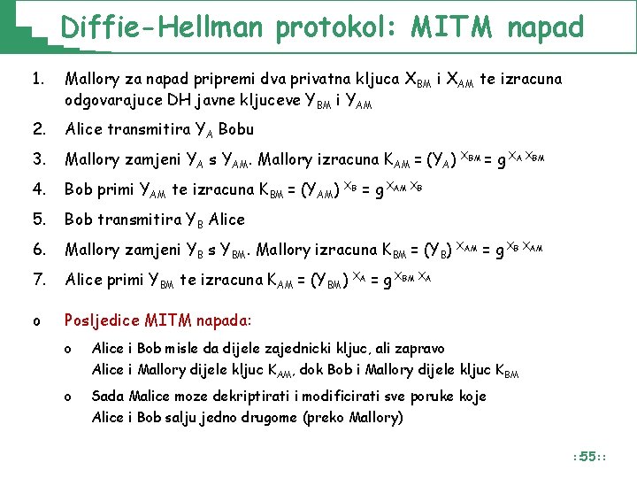 Diffie-Hellman protokol: MITM napad 1. Mallory za napad pripremi dva privatna kljuca XBM i Diffie-Hellman protokol: MITM napad 1. Mallory za napad pripremi dva privatna kljuca XBM i