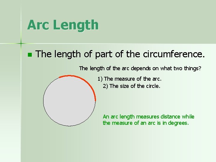 Arc Length n The length of part of the circumference. The length of the