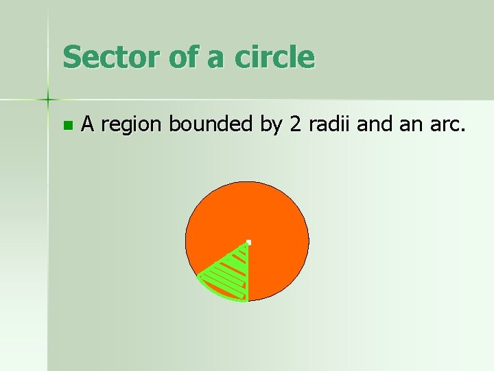 Sector of a circle n A region bounded by 2 radii and an arc.