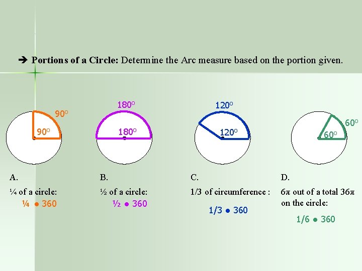  Portions of a Circle: Determine the Arc measure based on the portion given.