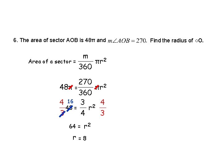 6. The area of sector AOB is 48π and Area of a sector =
