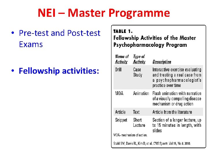 NEI – Master Programme • Pre-test and Post-test Exams • Fellowship activities: 
