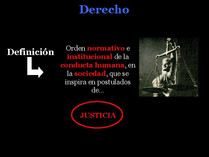 Derecho Definición Orden normativo e institucional de la conducta humana, en la sociedad, que