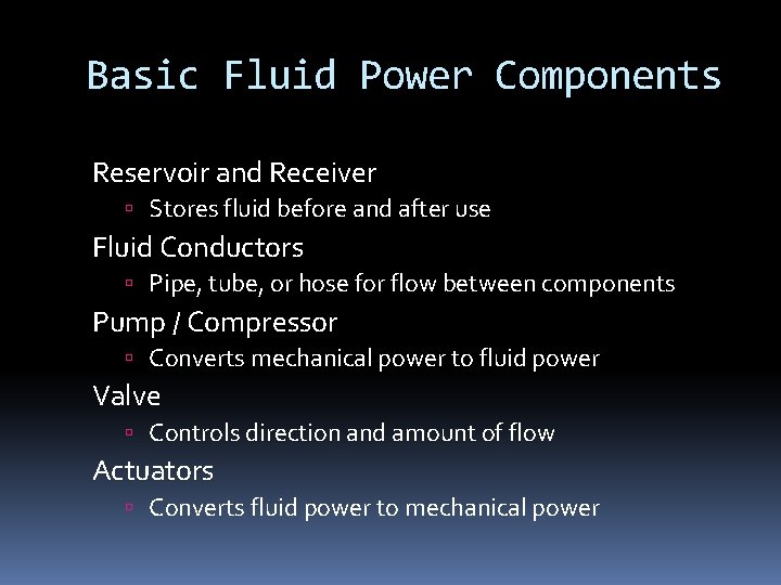 Basic Fluid Power Components Reservoir and Receiver Stores fluid before and after use Fluid Basic Fluid Power Components Reservoir and Receiver Stores fluid before and after use Fluid