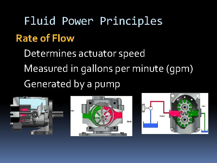 Fluid Power Principles Rate of Flow Determines actuator speed Measured in gallons per minute Fluid Power Principles Rate of Flow Determines actuator speed Measured in gallons per minute