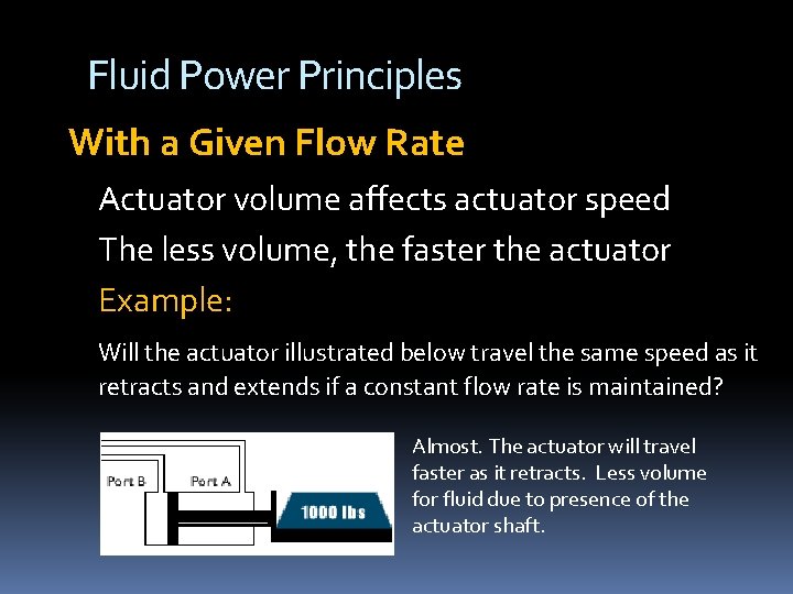 Fluid Power Principles With a Given Flow Rate Actuator volume affects actuator speed The Fluid Power Principles With a Given Flow Rate Actuator volume affects actuator speed The