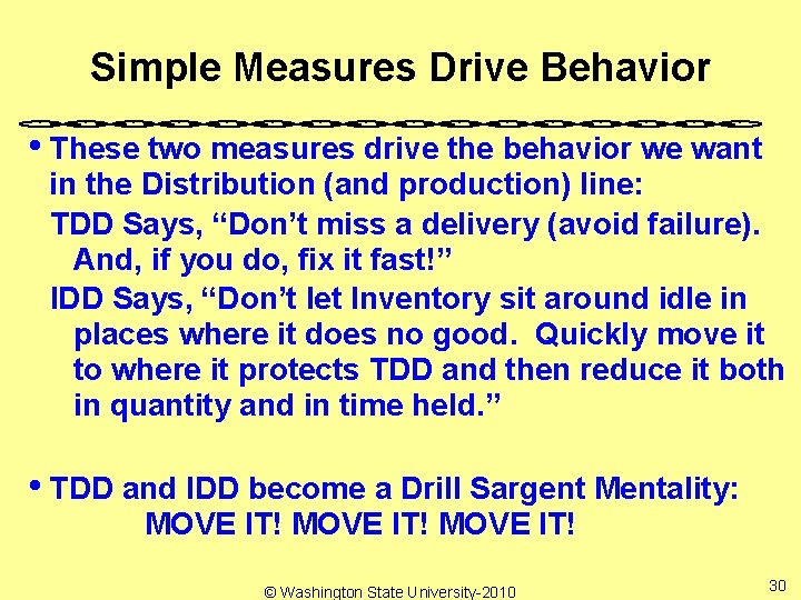 Simple Measures Drive Behavior • These two measures drive the behavior we want in