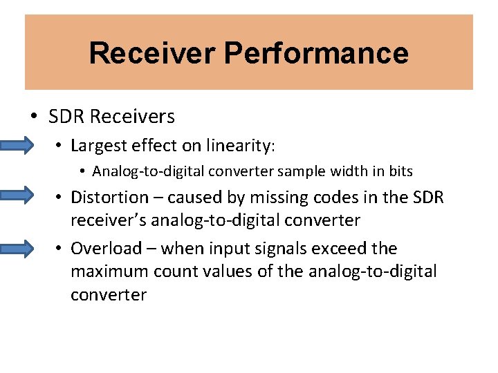 Receiver Performance • SDR Receivers • Largest effect on linearity: • Analog-to-digital converter sample