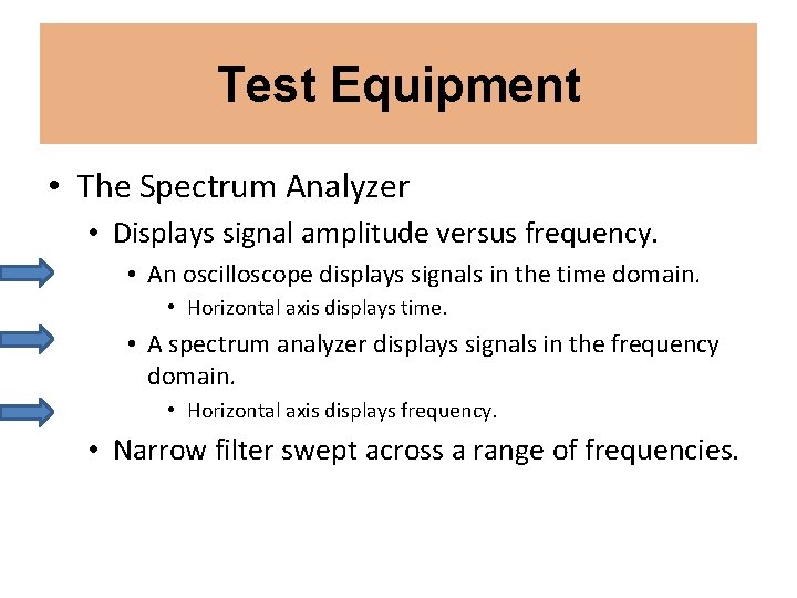 Test Equipment • The Spectrum Analyzer • Displays signal amplitude versus frequency. • An