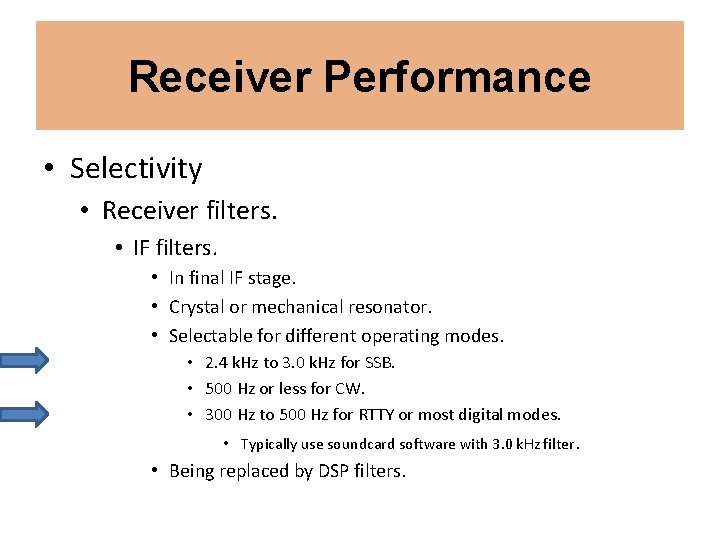 Receiver Performance • Selectivity • Receiver filters. • IF filters. • In final IF Receiver Performance • Selectivity • Receiver filters. • IF filters. • In final IF