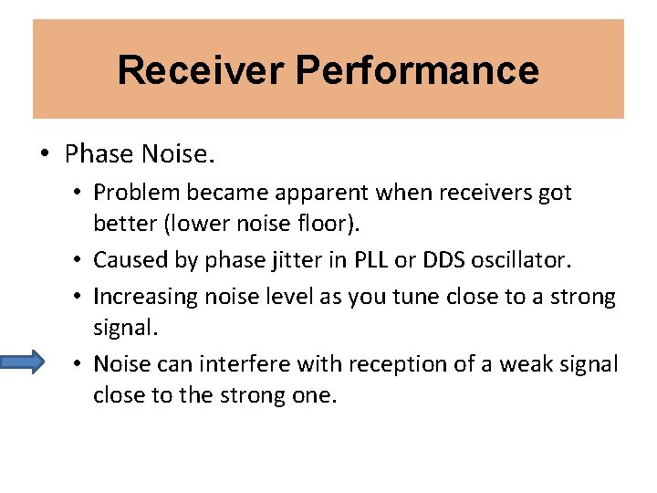 Receiver Performance • Phase Noise. • Problem became apparent when receivers got better (lower