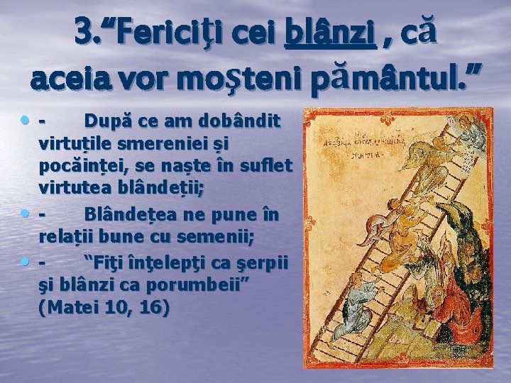 3. “Fericiţi cei blânzi , că aceia vor moşteni pământul. ” • - •