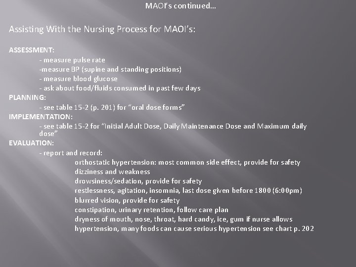MAOI’s continued… Assisting With the Nursing Process for MAOI’s: ASSESSMENT: - measure pulse rate MAOI’s continued… Assisting With the Nursing Process for MAOI’s: ASSESSMENT: - measure pulse rate