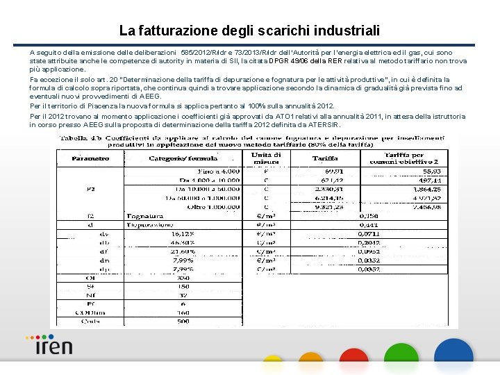 La fatturazione degli scarichi industriali A seguito della emissione delle deliberazioni 585/2012/R/idr e 73/2013/R/idr