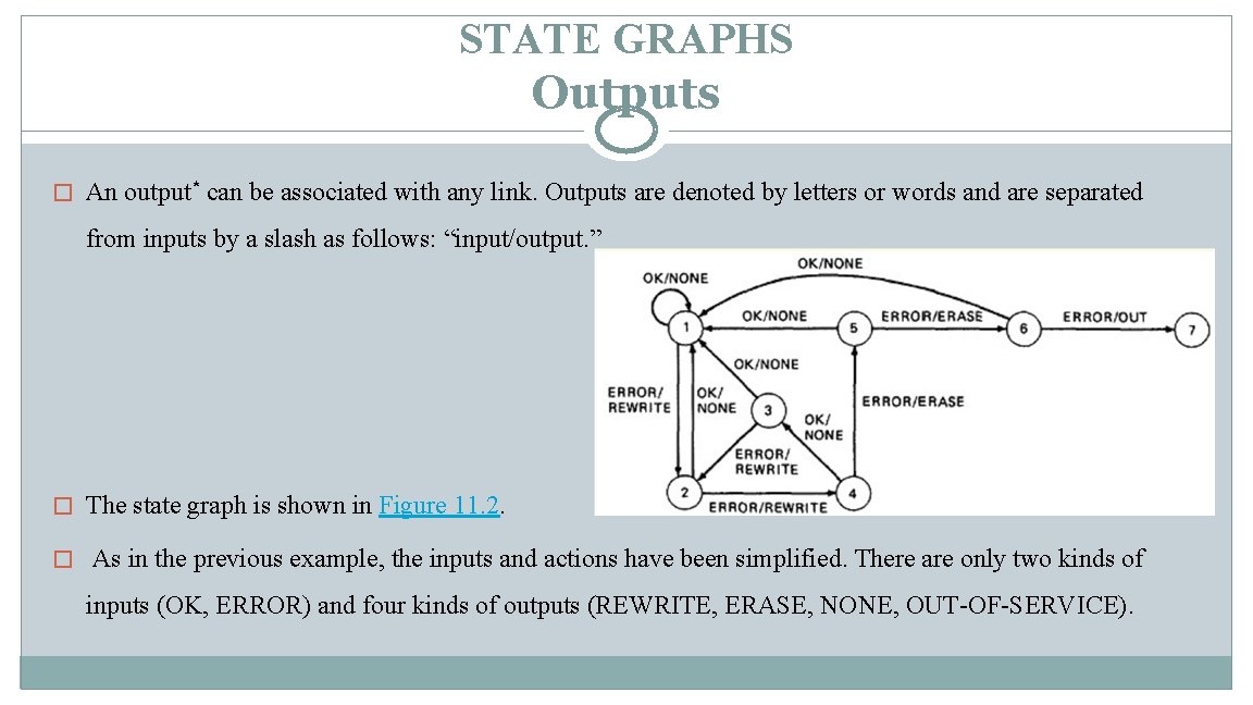 STATE GRAPHS Outputs � An output* can be associated with any link. Outputs are