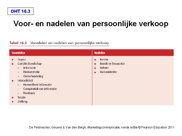 OHT 16. 3 Voor- en nadelen van persoonlijke verkoop De Pelsmacker, Geuens & Van