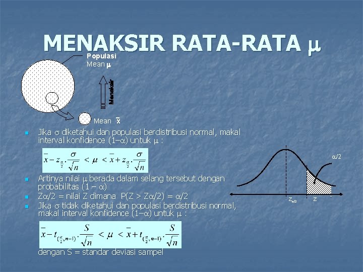 MENAKSIR RATA-RATA Populasi Mean x n Jika diketahui dan populasi berdistribusi normal, makal interval