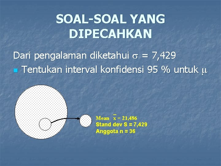 SOAL-SOAL YANG DIPECAHKAN Dari pengalaman diketahui = 7, 429 n Tentukan interval konfidensi 95