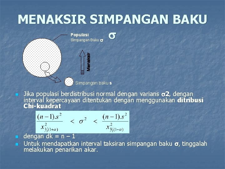 MENAKSIR SIMPANGAN BAKU Populasi Simpangan Baku Simpangan baku s n n n Jika populasi