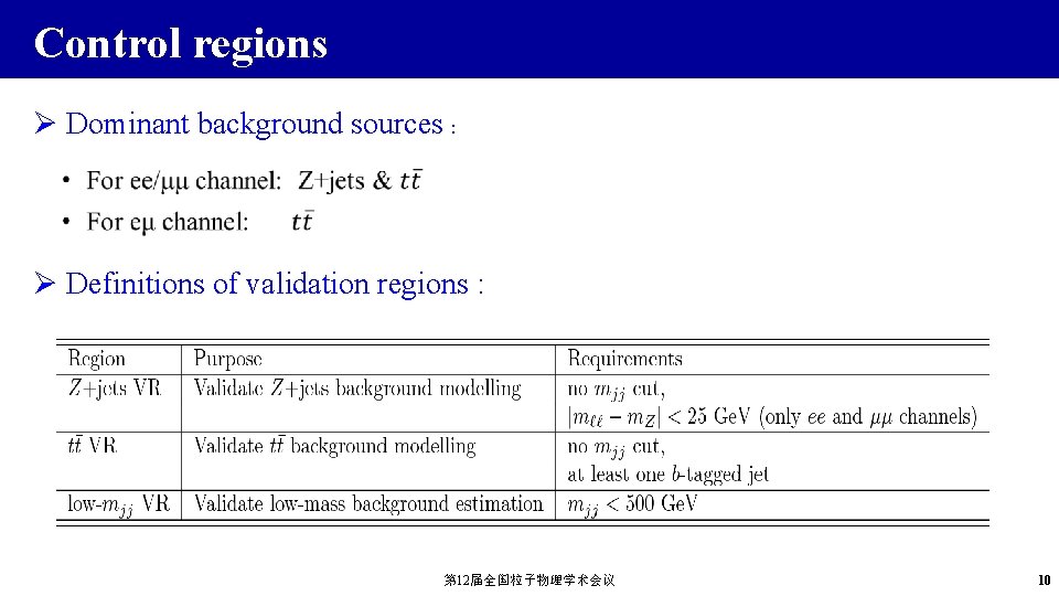 Control regions Ø Dominant background sources : Ø Definitions of validation regions : 第