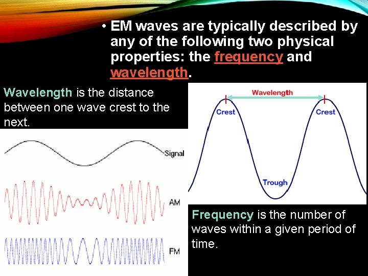  • EM waves are typically described by any of the following two physical