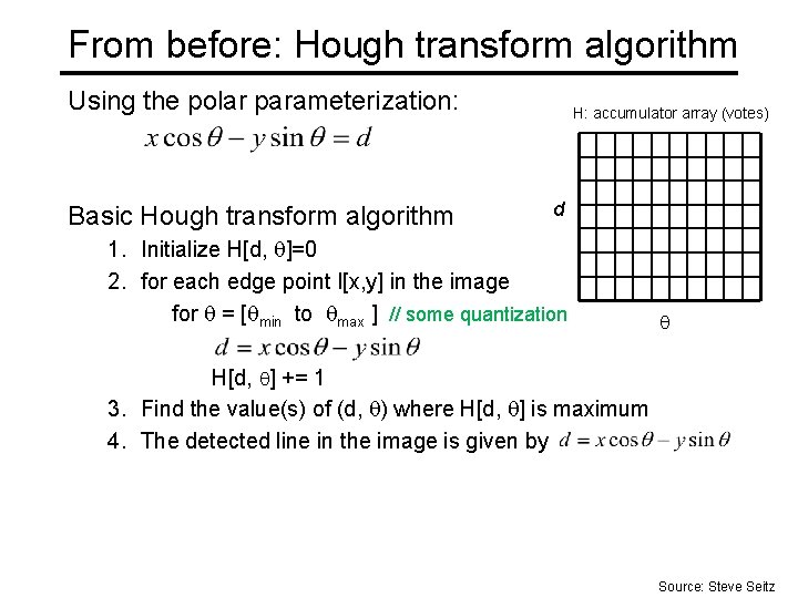 From before: Hough transform algorithm Using the polar parameterization: Basic Hough transform algorithm H: