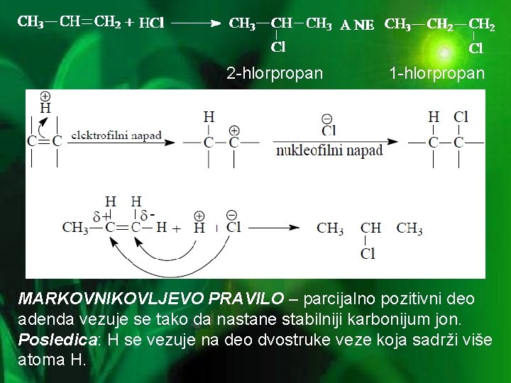 2 -hlorpropan 1 -hlorpropan MARKOVNIKOVLJEVO PRAVILO – parcijalno pozitivni deo adenda vezuje se tako